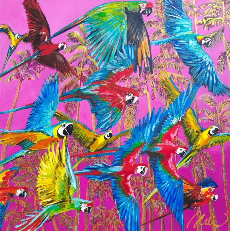 Aleth de ROMEMONT-PAULE, Pink parots , acrylique sur toile 90x90